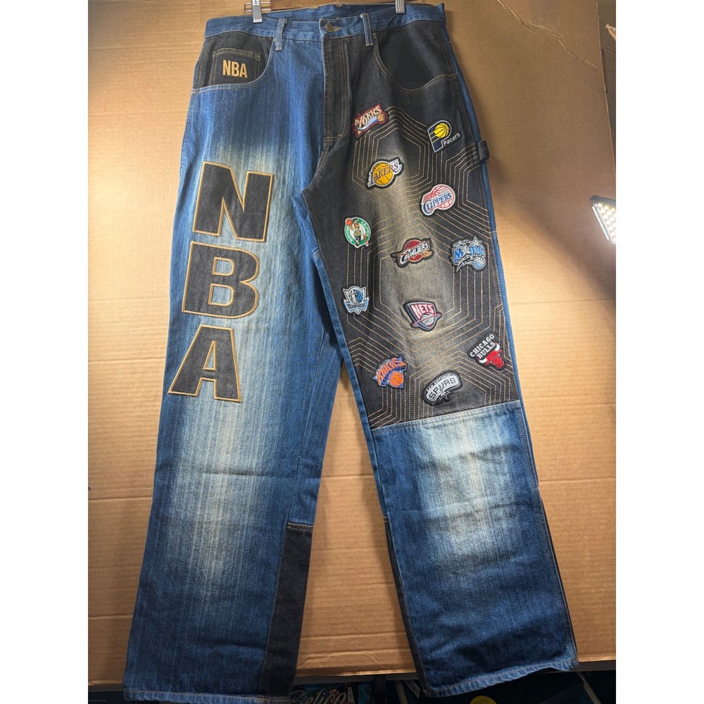 NBA Team Logo Patchwork Jeans Mens 35x33 Blue Baggy Embroidered Denim 34